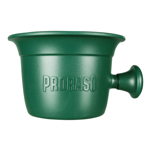 Mørkegrønn barberkopp med hank og Proraso-logo på siden. 