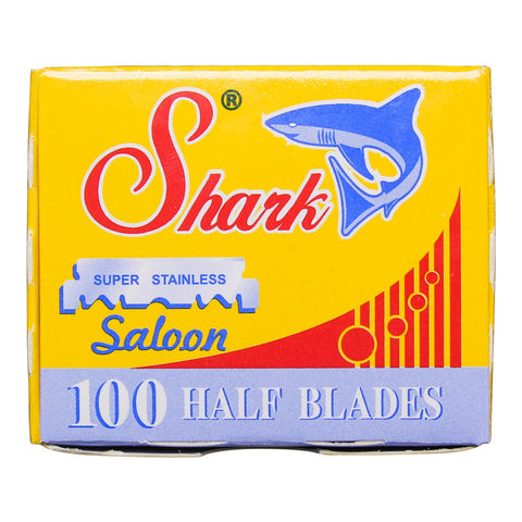 Gul eske med en tøff hai på fremsiden. 100 individuelt pakket barberblader til shavette. 
